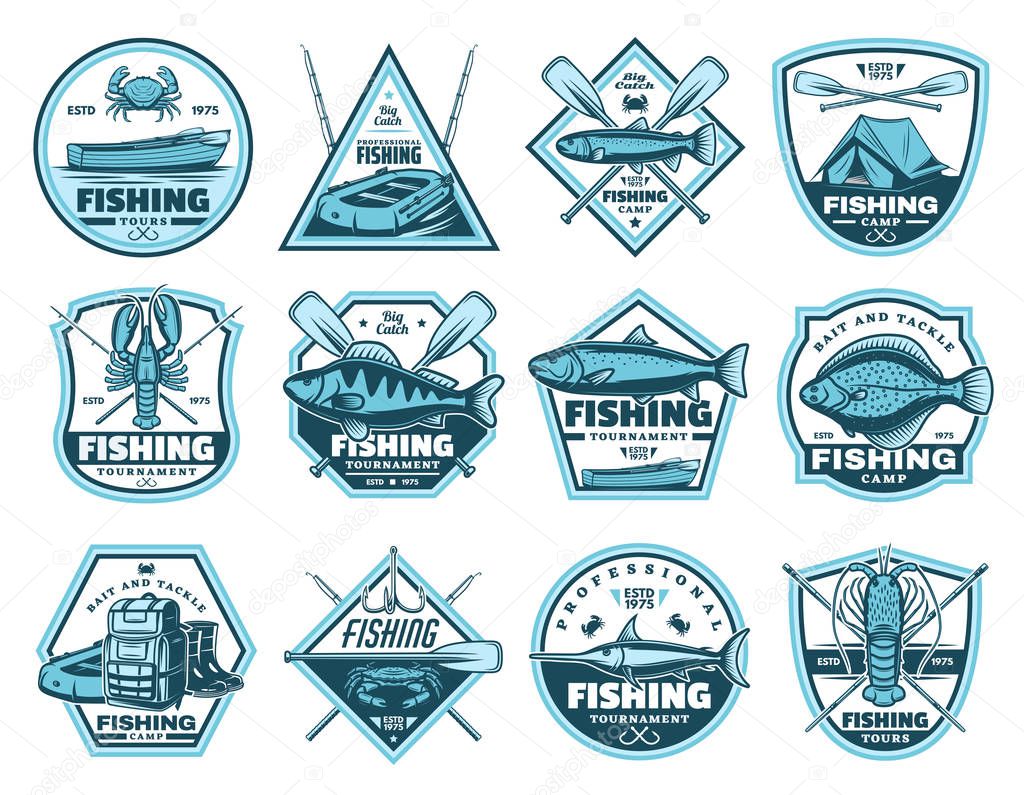 Fishing tournaments and camps icons. Fishery and hiking sport equipment vector signs. Backpack and inflatable boat, tent and crayfish, trout and crab, lobster and salmon, boots and paddles