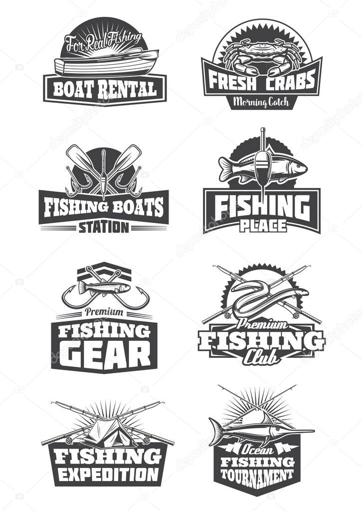 Fishery sport icons and symbols. Boat rental and crabs, boats station and gear, expedition trips and clubs. Fishing tournament monochrome vector fishing tackles, rod, hooks, bait and tent
