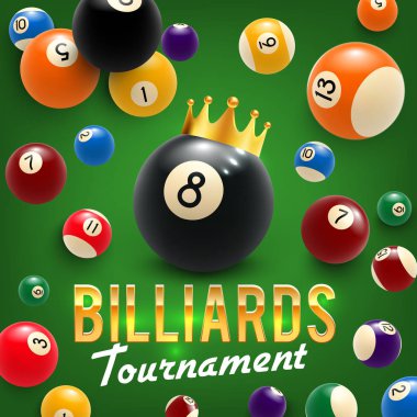 Bilardo topları ve taç. turnuva. 3B vektör