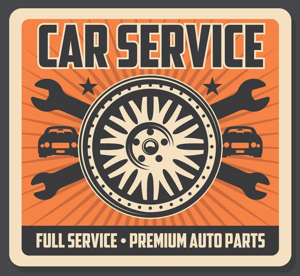 Bil service affisch med däck och skiftnycklar — Stock vektor