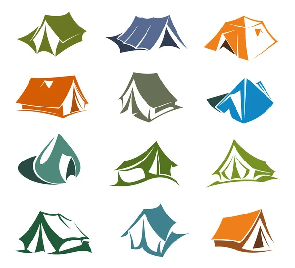 Piesze wycieczki i camping namioty ikony — Wektor stockowy