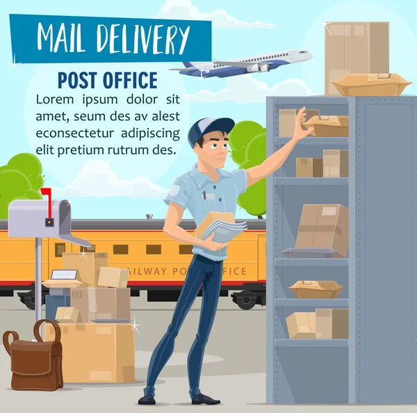 Posta teslim hizmeti, postacı ve parsel — Stok Vektör