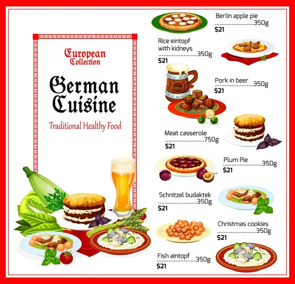 Cocina alemana comida saludable vector menú — Vector de stock
