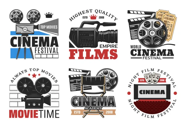 Películas de cine, cámara e iconos vectoriales de películas — Vector de stock