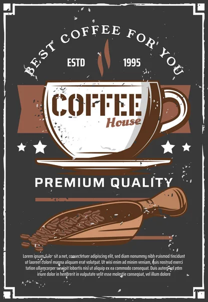 Tasse à café vapeur, haricots dans scooper — Image vectorielle