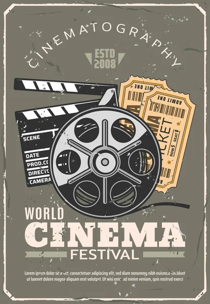 Festival de cine cartel retro, cine y entradas — Vector de stock
