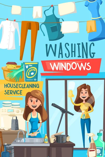 Service de ménage et de lavage des fenêtres — Image vectorielle