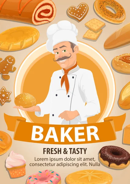 Padeiro, pão e bolos cartoon vector — Vetor de Stock
