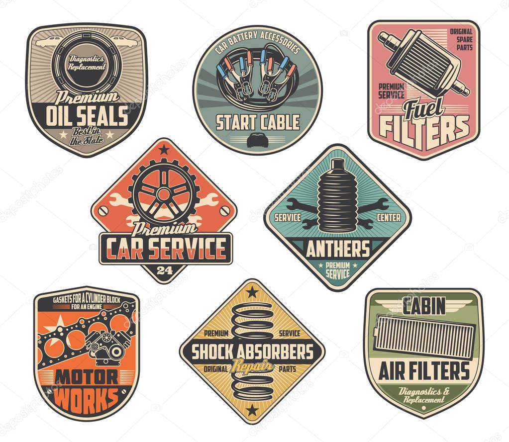 Car repairing vector retro heraldry icons. Oil seals and start cable, fuel filter and anthers, motor works, shock absorber, cabin air filters symbols. Vehicle service and parts replacement