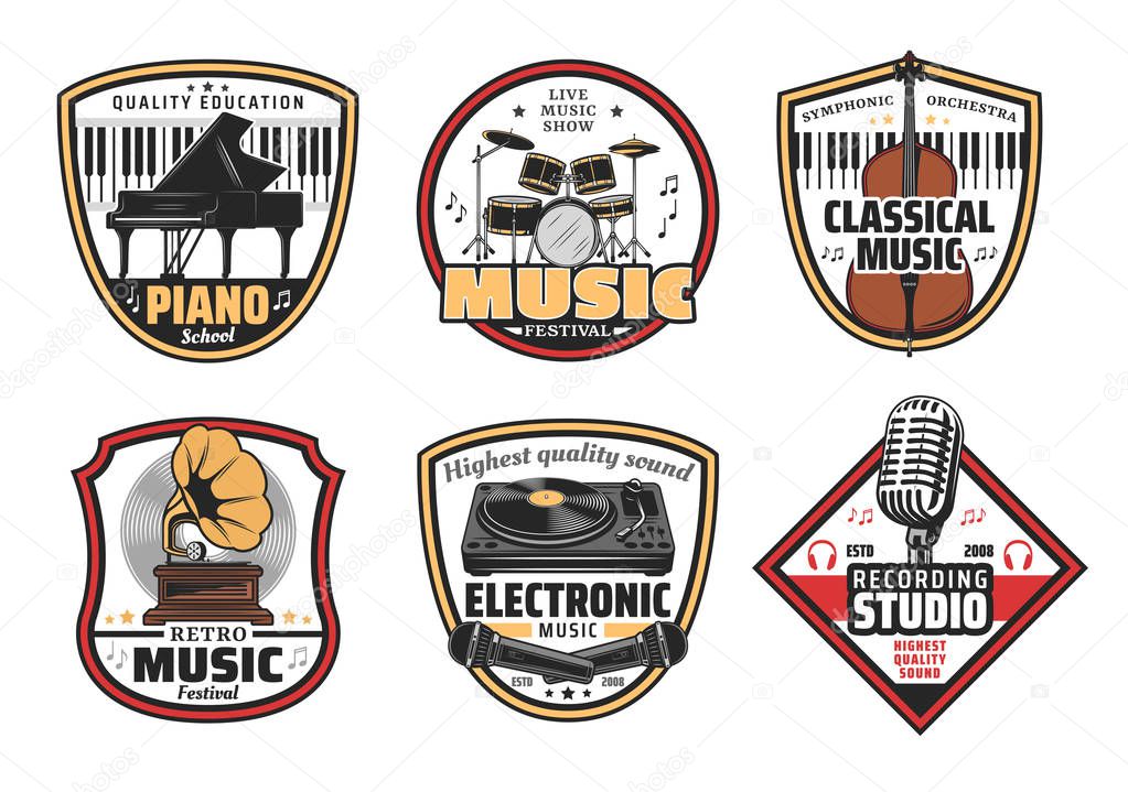 Musical instrumentsvector icons. Piano and drums, violin and gramophone, DJ panel with vinyl disc and microphone. Electronic, retro and classic music festival vector icons and symbols