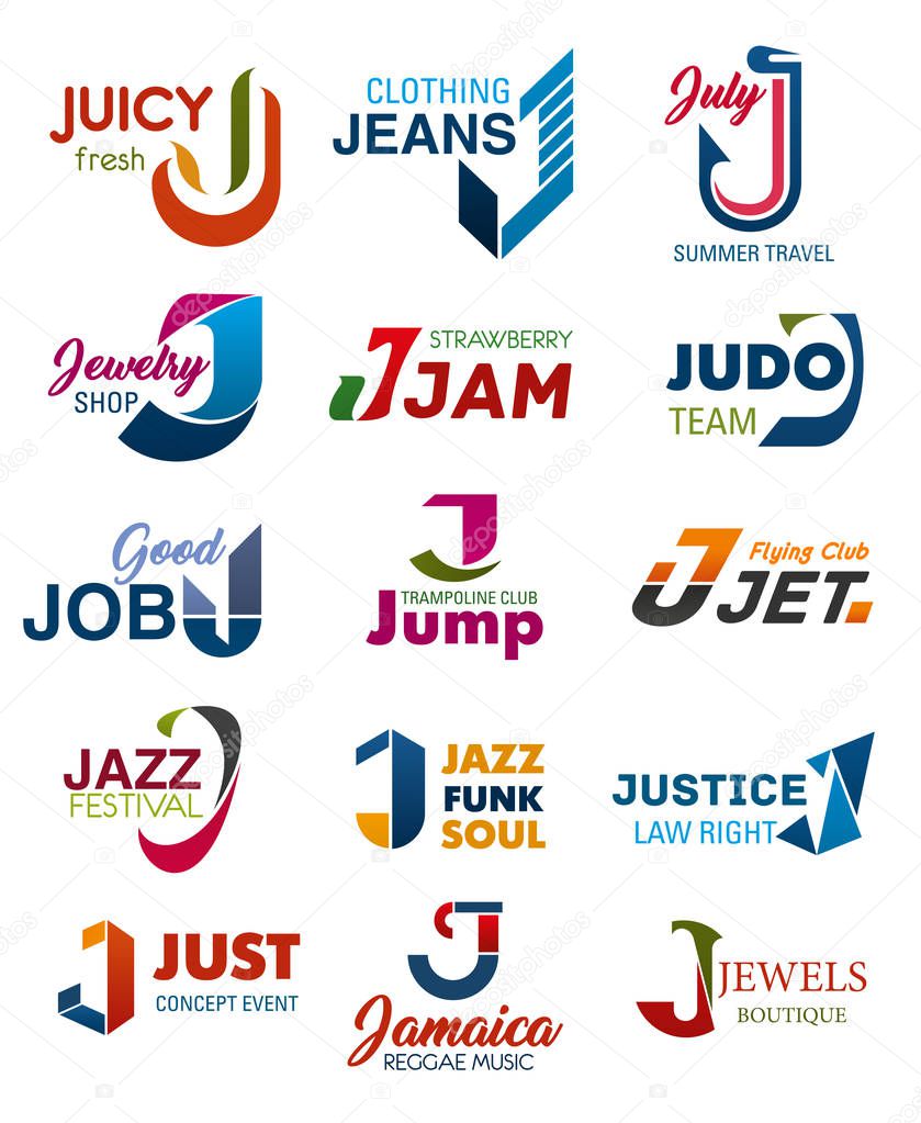 J letter business identity icons and symbols. Juicy and jeans, july and jewelry, jam and judo, job and jump, jet and jazz, justice and just, Jamaica and jewels signs