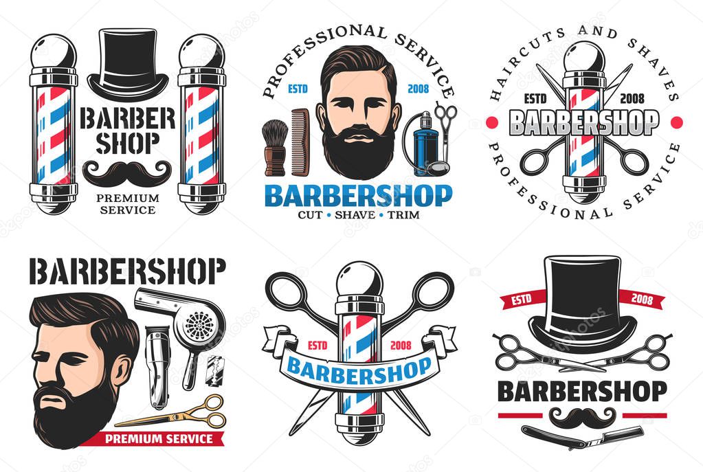 Barber shop icons isolated. Man with hairstyle, beard and mustaches, shaving retro razor blade and scissors with hair dryer, tall hat and male cologne bottle. Hipster hairdresser salon signs vector
