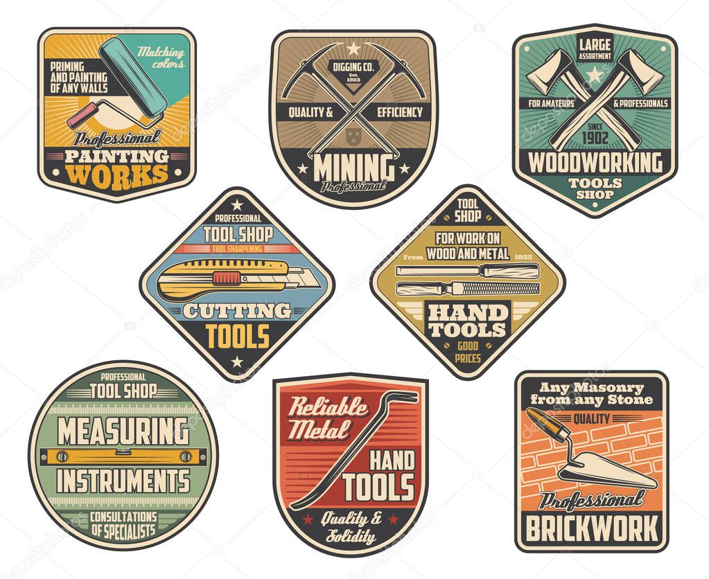 Repair and construction, building tools signboards and icons. Roller and axe, picker and stationery putty knives, file, level ruler, scrap. Vector painting, woodwork and brickwork, mining symbols