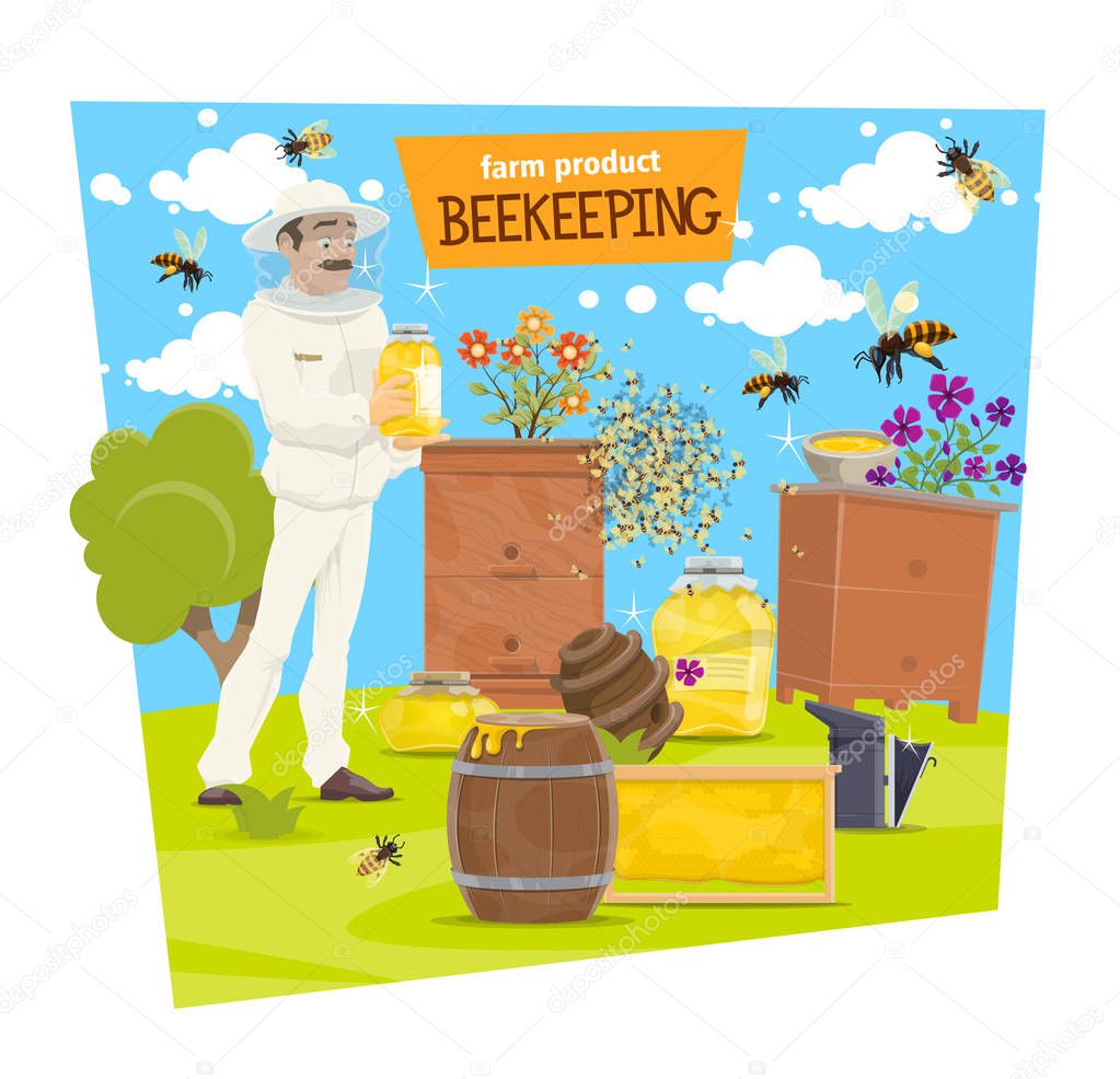 Beekeeping farm and beekeeper with honey