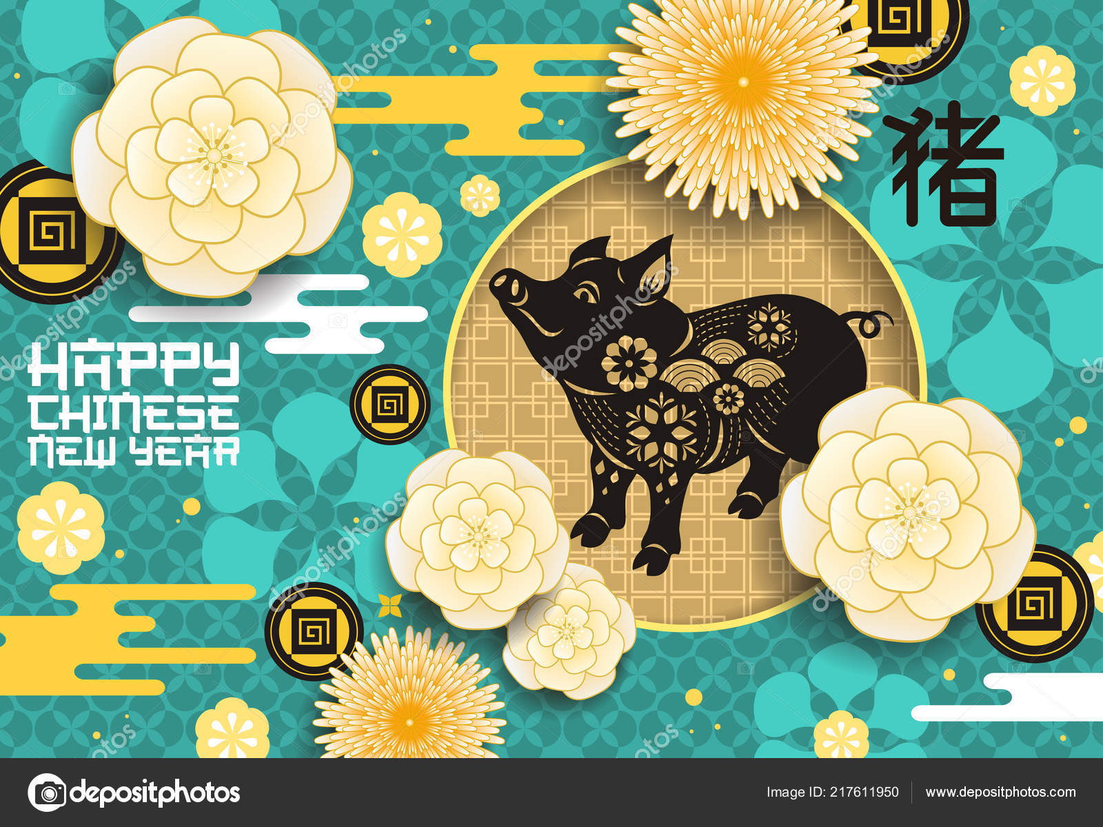 Chinese New Year pig on vector blue greeting card — Stock Vector