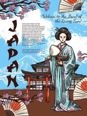 Vector sketch poster of Japan travel symbols clipart