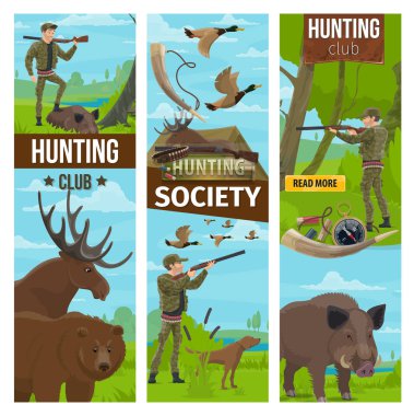 Vector hunting club banners of hunter and animals clipart