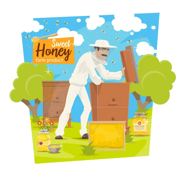 Beekeeping apiary, bees and beekeeper — Stock Vector