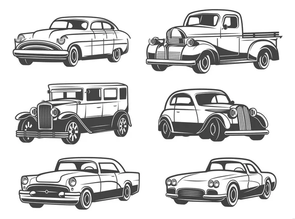 Coches y vehículos retro vintage, vector — Archivo Imágenes Vectoriales