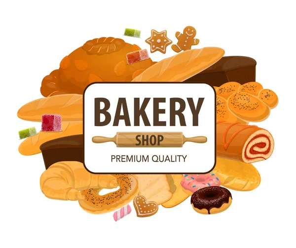 Bakery shop, pastry, bread and cakes — Stock Vector