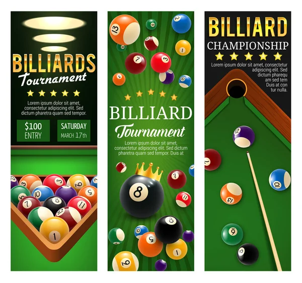 Billiards club championship and tournament banners — Stock Vector