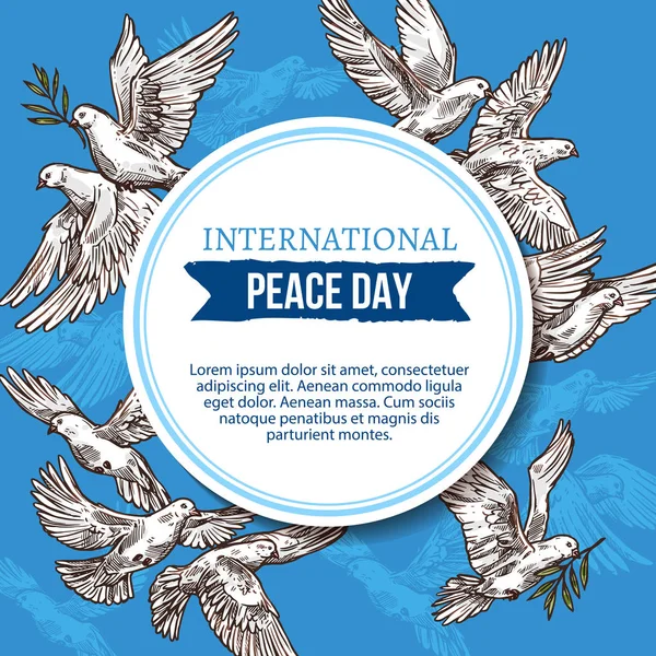 Вітальна листівка дня миру з ескізами голубів у небі — стоковий вектор