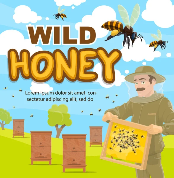 Apicultor de cartaz de vetor no apiário de apicultura — Vetor de Stock
