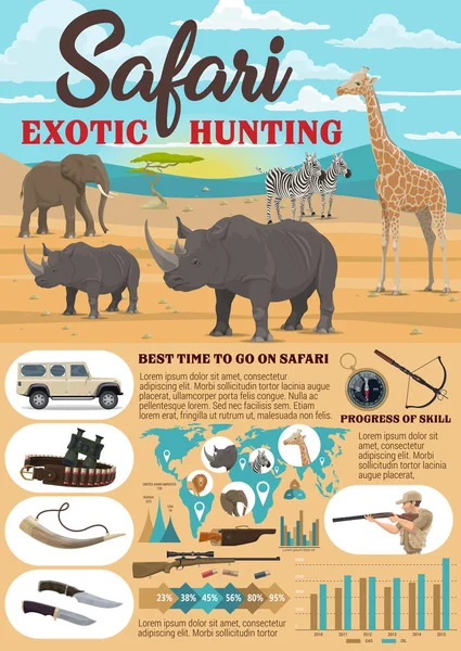 Afrikai Szafari vadászati felszerelés infographics — Stock Vector