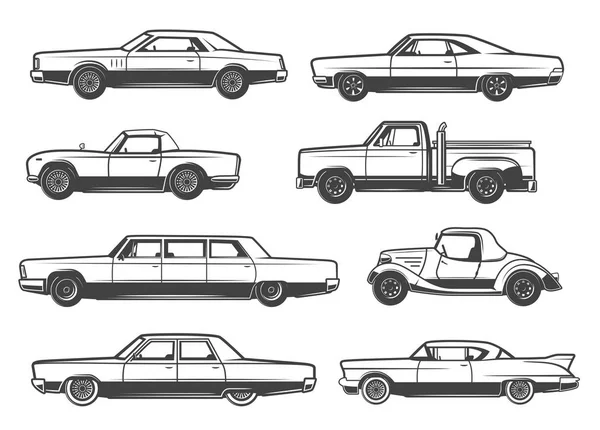 Vector line icons of retro cars and vintage auto — Stock Vector