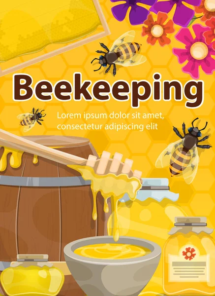 Cartel vectorial de la miel apícola y las abejas — Vector de stock