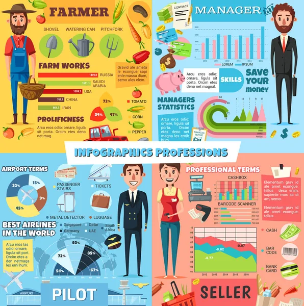 Çiftçi, pilot ve satıcı Yöneticisi iş infographics — Stok Vektör