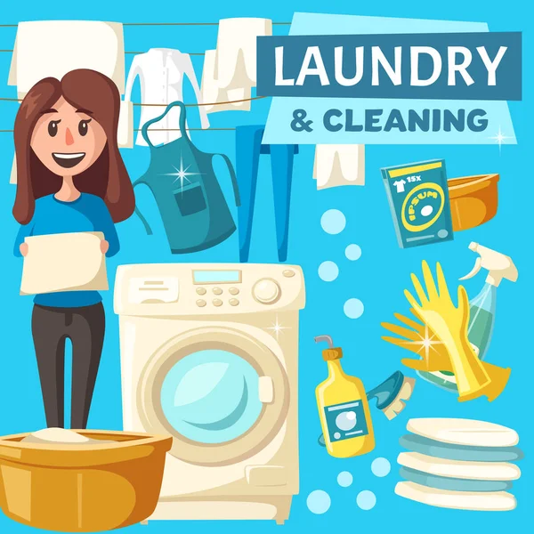 Çamaşır yıkama ve temizlik hizmeti vektör poster — Stok Vektör