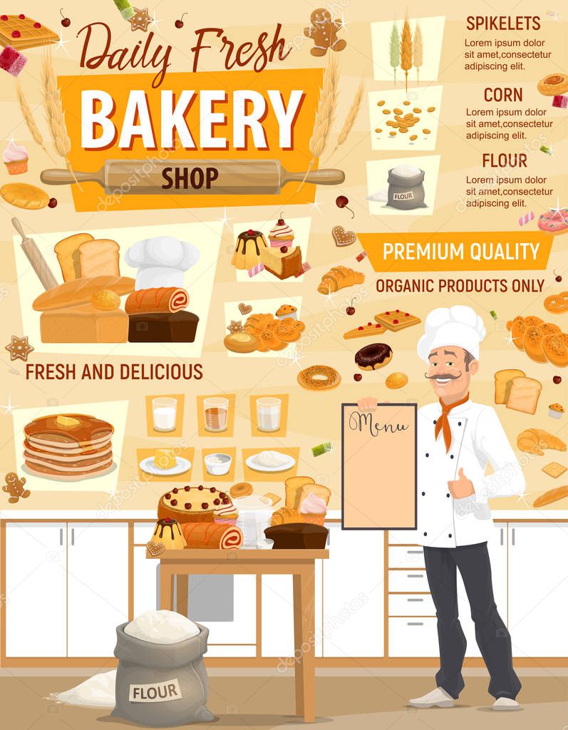 Vector pastry, bakery ingredients and baker