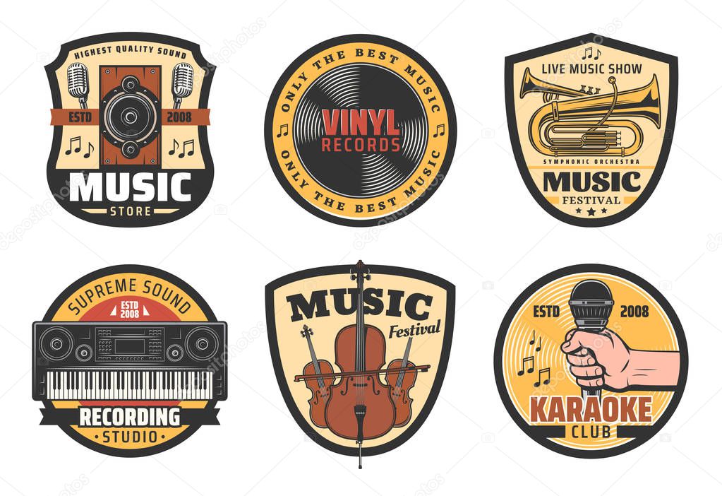 Music icons for musical instruments store, records label or festival and recoding studio or karaoke club. Vector microphone, speaker and vinyl disk or synthesizer with violin contrabass or music notes