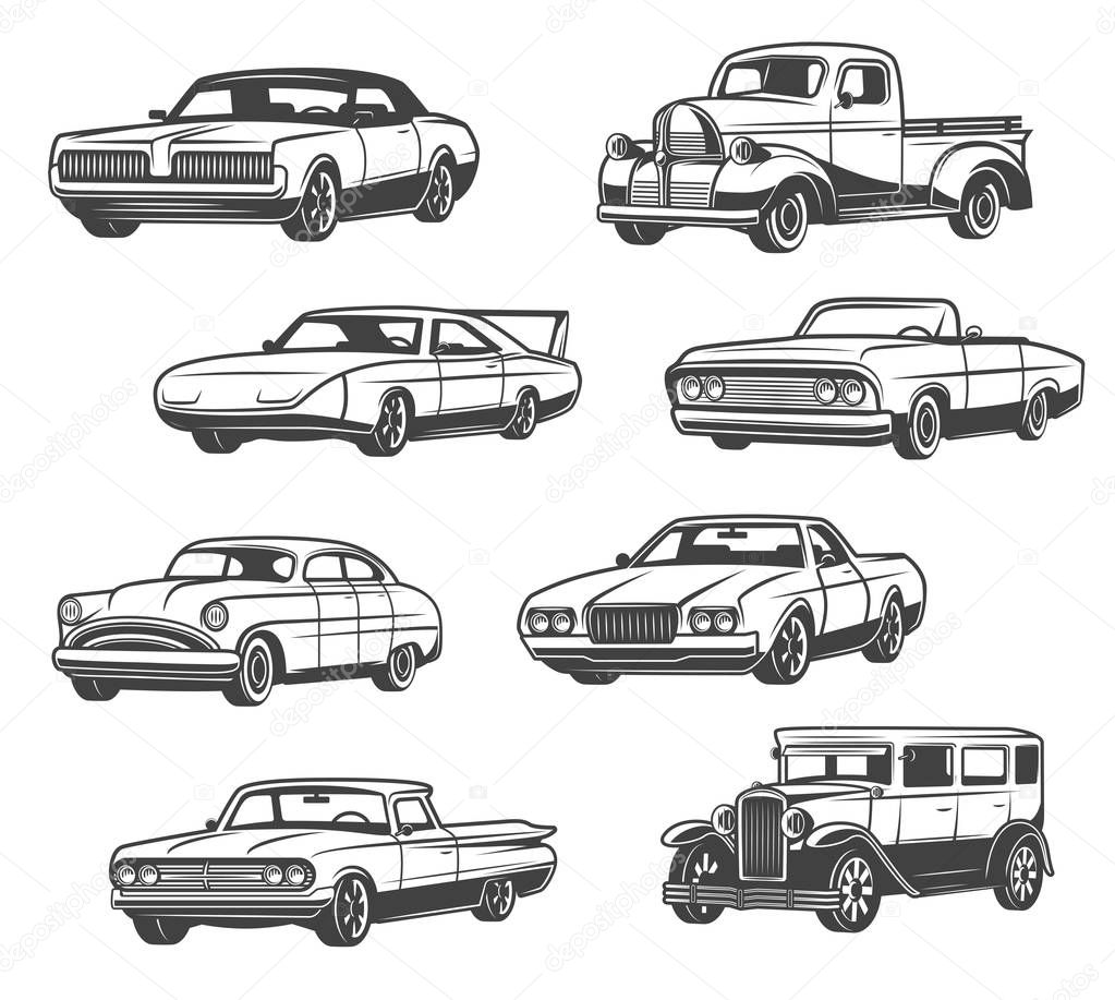 Vector icons of retro cars and vintage automobiles
