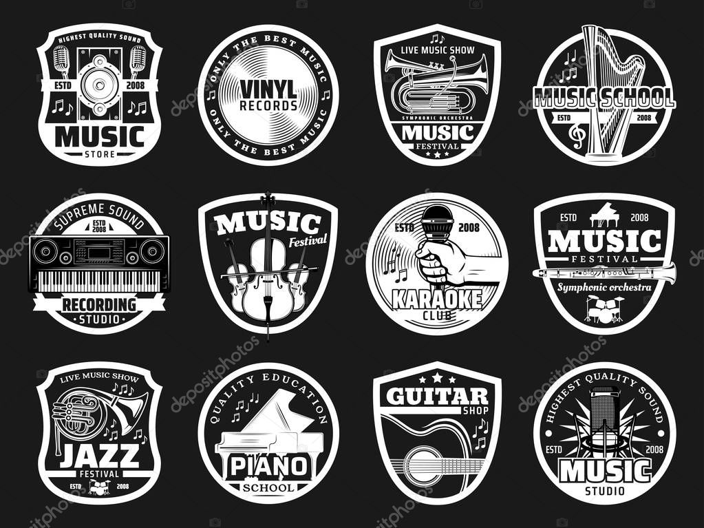 Music icons for recording studio or record label and jazz festival or karaoke club. Vector musical instruments of synthesizer, piano or vinyl disk and orchestra harp for concert or music studio