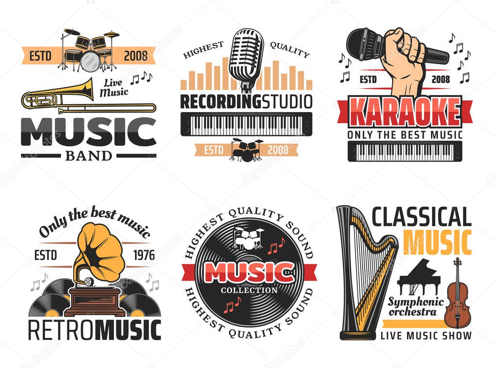 Music record studio and orchestra band retro icons