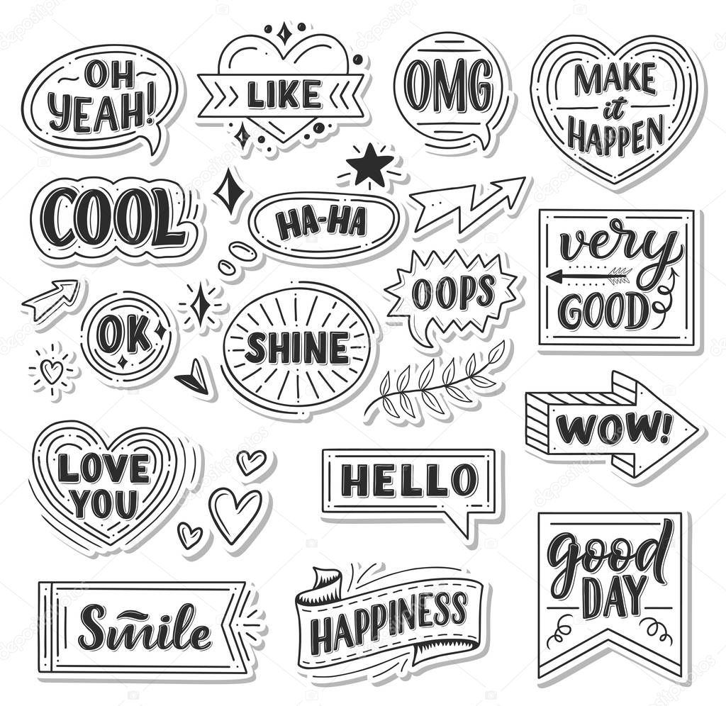 Quotes and sound blasts stickers. Vector sketch doodle icons, ribbons or arrows and banners or chat messages for Yeah, smile or hello and happiness greeting card or Wow and Oops with Like heart and Ok