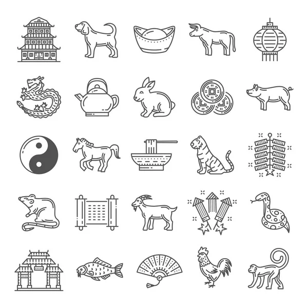 中国文化线艺术图标与生肖动物 — 图库矢量图片