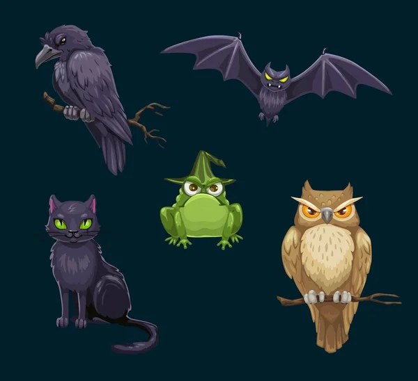 Halloween chat, chauve-souris et chouette, corneilles et grenouilles — Image vectorielle