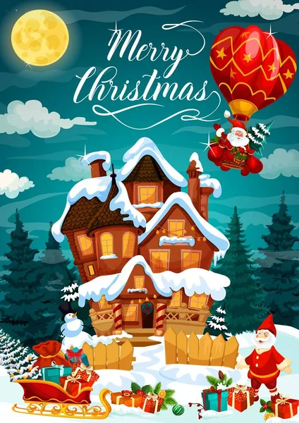 圣诞快乐节日海报与房子在雪 — 图库矢量图片