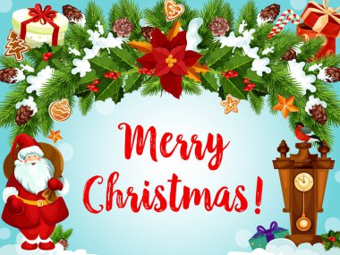 Çelenk Santa hediyeler Noel tebrik kartı vektör