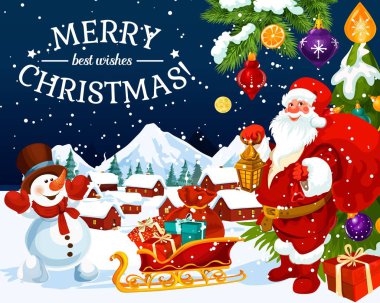 Noel tatil Noel Baba ve kardan adam tebrik kartı