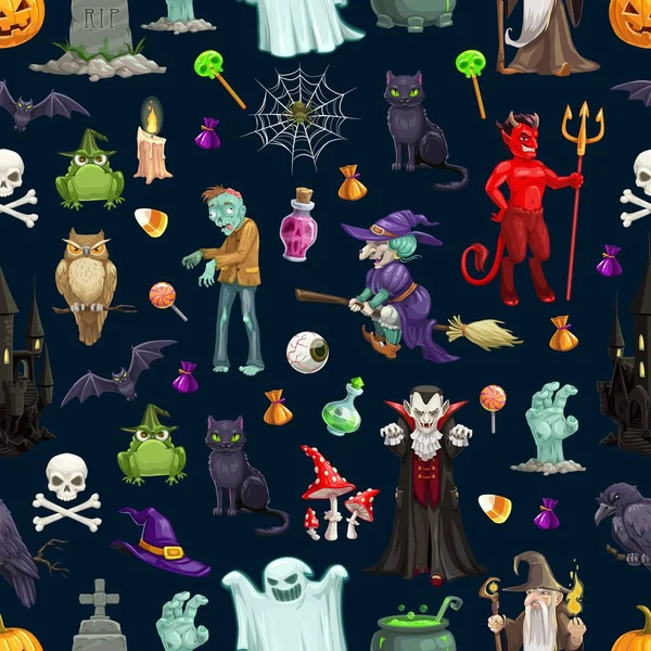 Halloween cartoon monsters seamless pattern