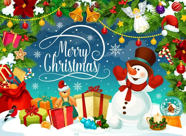 Merry Christmas poster with snowman and gift boxes — Stock Vector