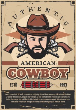 American cowboy retro poster with man and revolver clipart