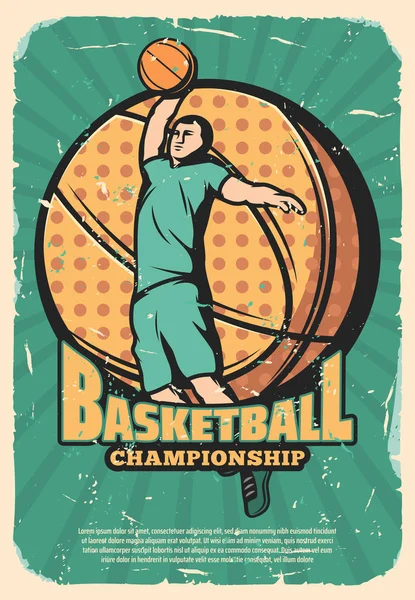 Basketball Sport Retro-Poster mit Spieler und Ball — Stockvektor