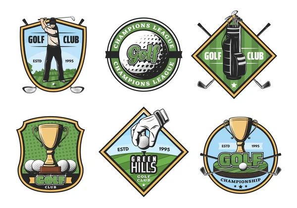 Golf-Spiel-Symbole mit Sportartikeln und Spieler oder Tasse — Stockvektor