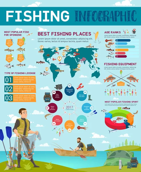 Fishing sport infographic fishery and charts icons — Stock Vector