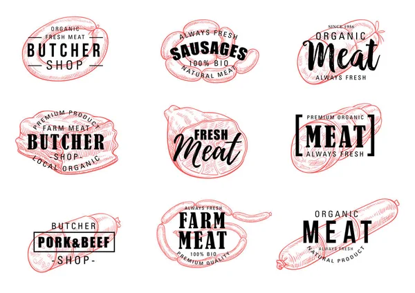 Slakteri eller kött butik ikoner silhuetter med tecken — Stock vektor